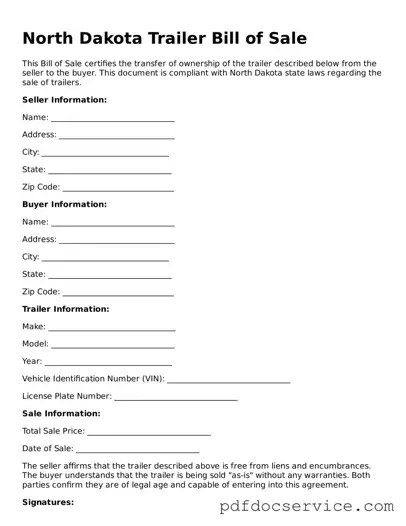 Printable  Trailer Bill of Sale Template for North Dakota