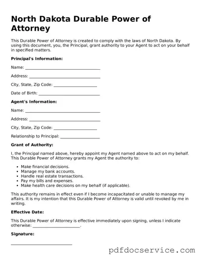 Printable  Durable Power of Attorney Template for North Dakota