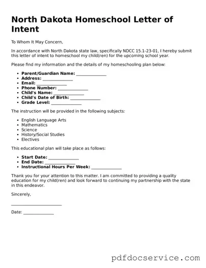 Printable  Homeschool Letter of Intent Template for North Dakota