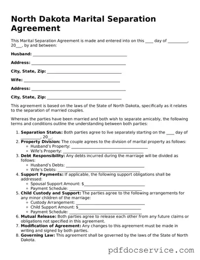 Printable  Marital Separation Agreement Template for North Dakota