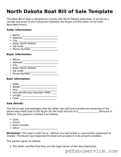 Printable  Boat Bill of Sale Template for North Dakota