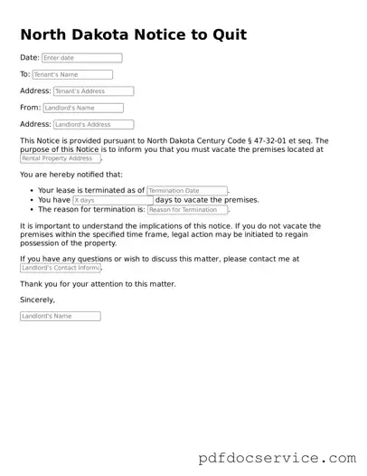 Printable  Notice to Quit Template for North Dakota