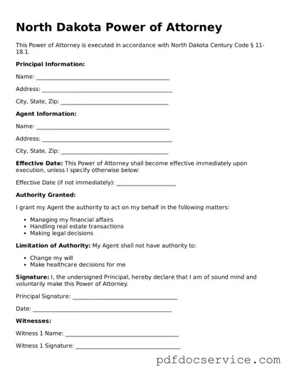 Printable  Power of Attorney Template for North Dakota