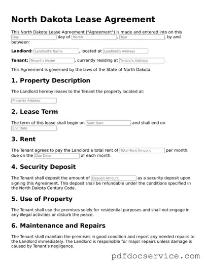 Printable  Lease Agreement Template for North Dakota