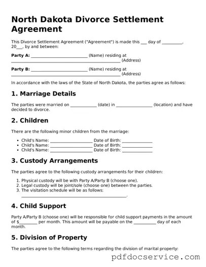 Printable  Divorce Settlement Agreement Template for North Dakota