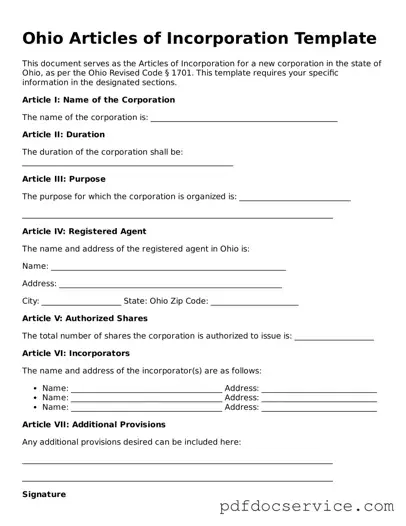 Printable  Articles of Incorporation Template for Ohio