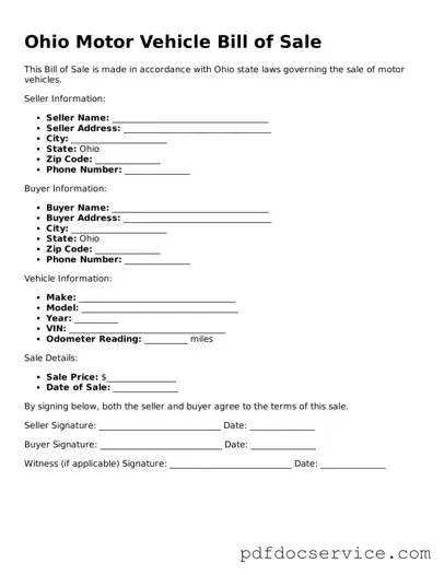 Printable  Motor Vehicle Bill of Sale Template for Ohio