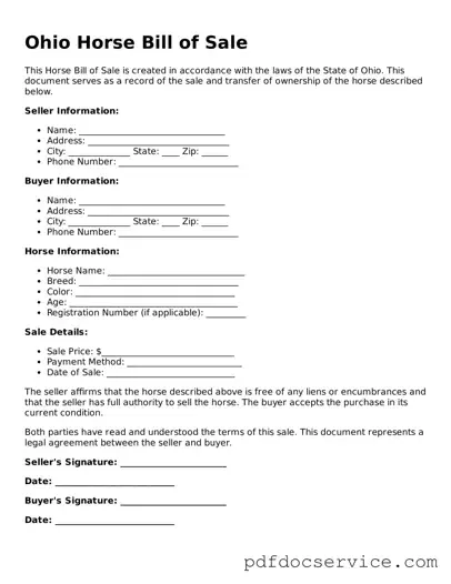 Printable  Horse Bill of Sale Template for Ohio