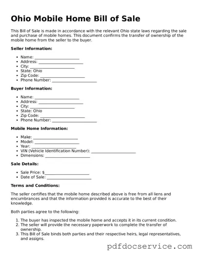 Printable  Mobile Home Bill of Sale Template for Ohio