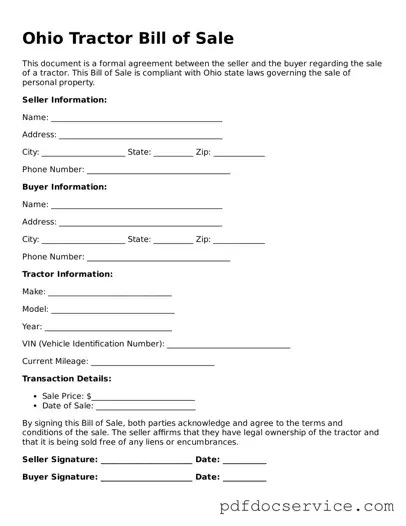 Printable  Tractor Bill of Sale Template for Ohio