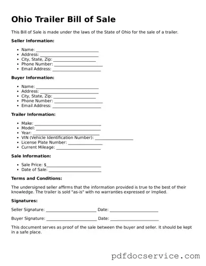 Printable  Trailer Bill of Sale Template for Ohio