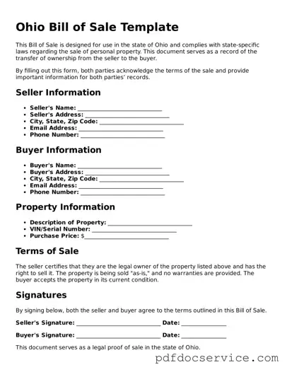Printable  Bill of Sale Template for Ohio