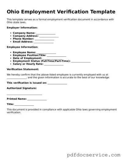 Printable  Employment Verification Template for Ohio