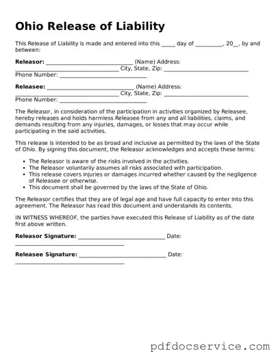 Printable  Release of Liability Template for Ohio