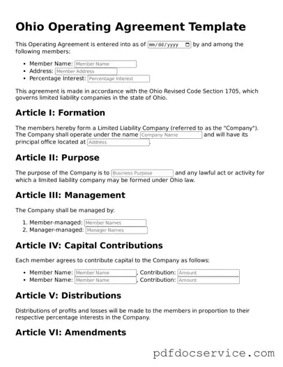 Printable  Operating Agreement Template for Ohio