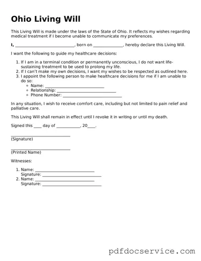 Printable  Living Will Template for Ohio