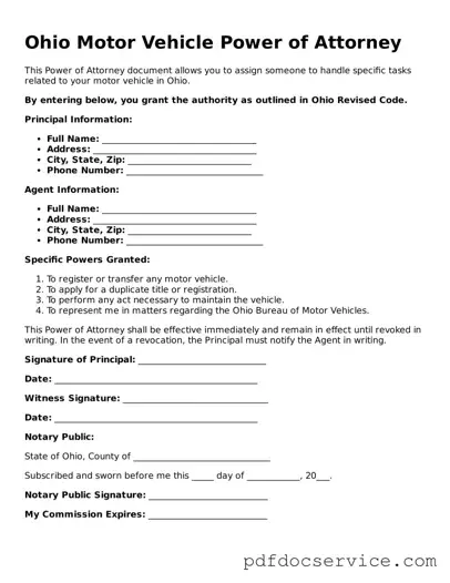 Printable  Motor Vehicle Power of Attorney Template for Ohio