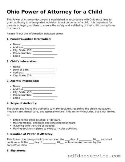 Printable  Power of Attorney for a Child Template for Ohio