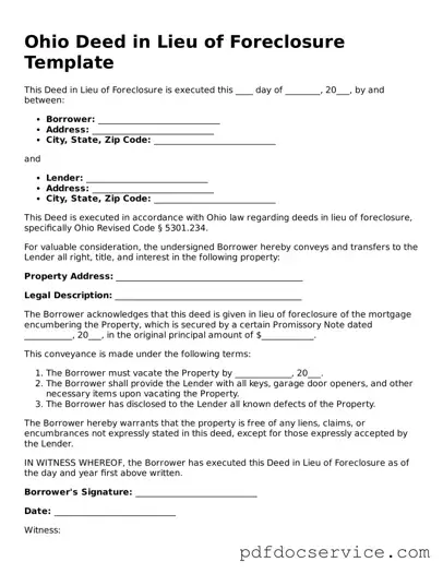 Printable  Deed in Lieu of Foreclosure Template for Ohio
