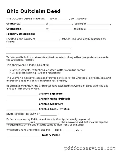 Printable  Quitclaim Deed Template for Ohio