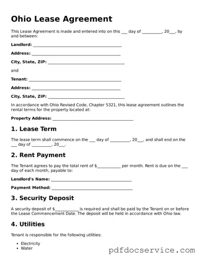 Printable  Lease Agreement Template for Ohio