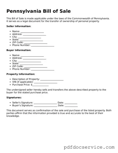 Printable  Bill of Sale Template for Pennsylvania