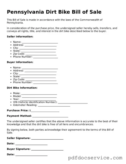 Printable  Dirt Bike Bill of Sale Template for Pennsylvania