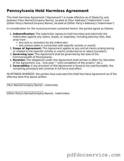 Printable  Hold Harmless Agreement Template for Pennsylvania