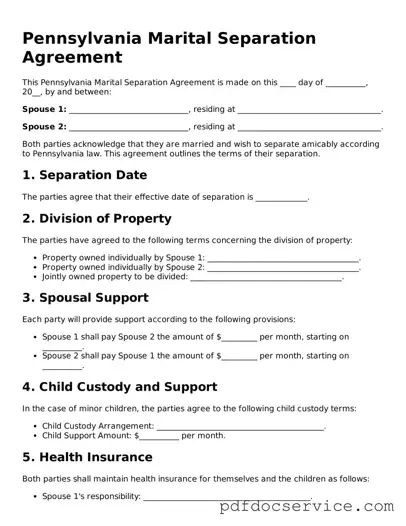 Printable  Marital Separation Agreement Template for Pennsylvania