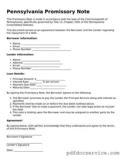 Printable  Promissory Note Template for Pennsylvania
