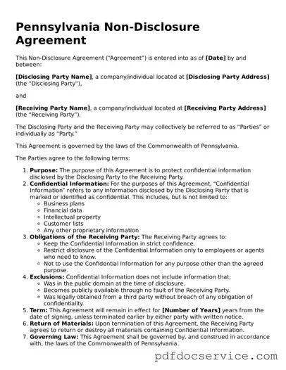 Printable  Non-disclosure Agreement Template for Pennsylvania