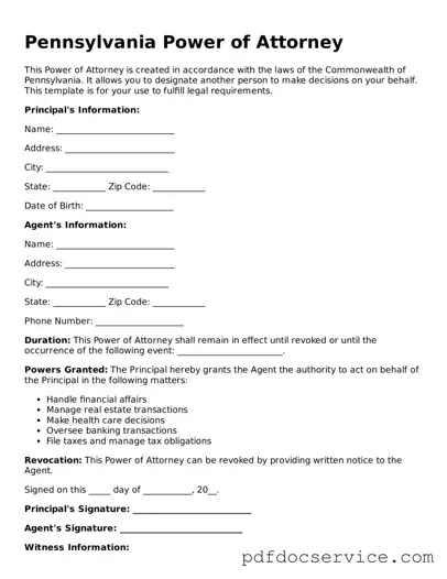 Printable  Power of Attorney Template for Pennsylvania