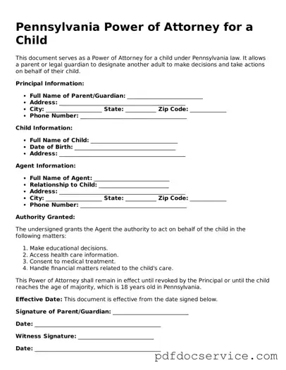 Printable  Power of Attorney for a Child Template for Pennsylvania