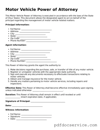 Blank Motor Vehicle Power of Attorney Form