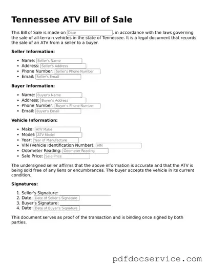 Printable  ATV Bill of Sale Template for Tennessee