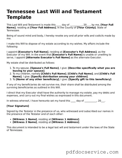 Printable  Last Will and Testament Template for Tennessee