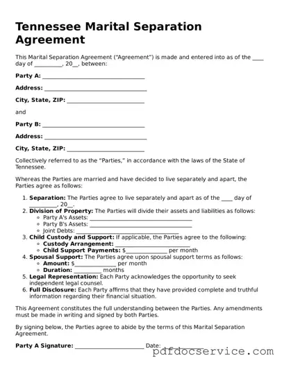 Printable  Marital Separation Agreement Template for Tennessee
