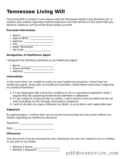 Printable  Living Will Template for Tennessee