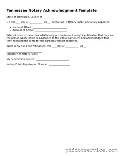 Printable  Notary Acknowledgement Template for Tennessee