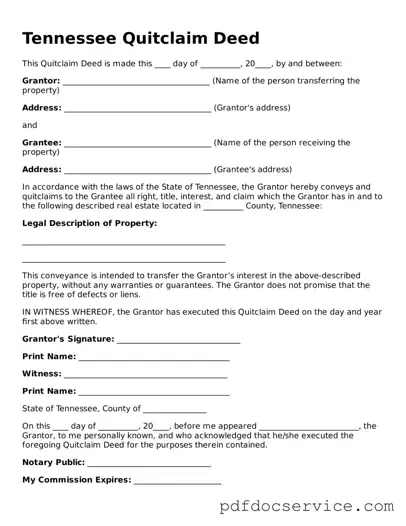 Printable  Quitclaim Deed Template for Tennessee