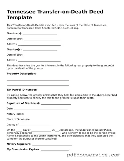 Printable  Transfer-on-Death Deed Template for Tennessee
