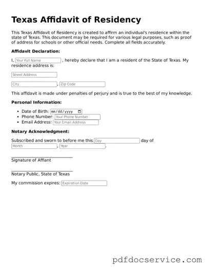 Printable  Affidavit of Residency Template for Texas