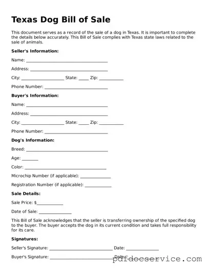 Printable  Dog Bill of Sale Template for Texas