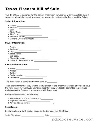 Printable  Firearm Bill of Sale Template for Texas