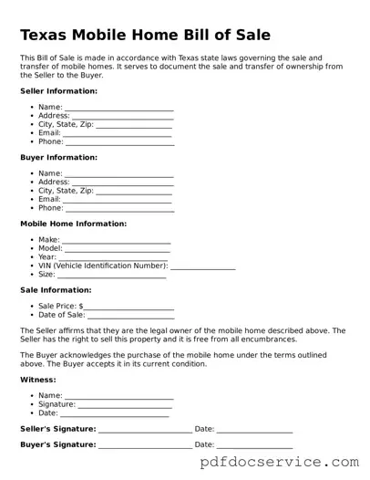Printable  Mobile Home Bill of Sale Template for Texas