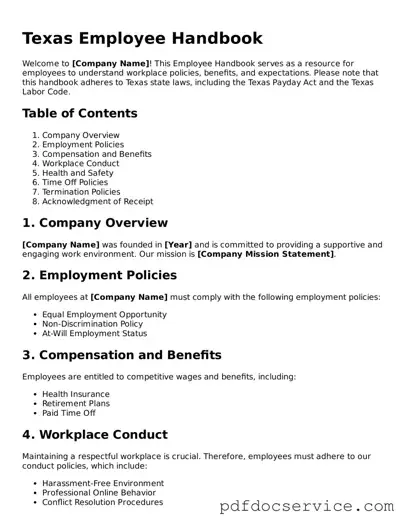 Printable  Employee Handbook Template for Texas