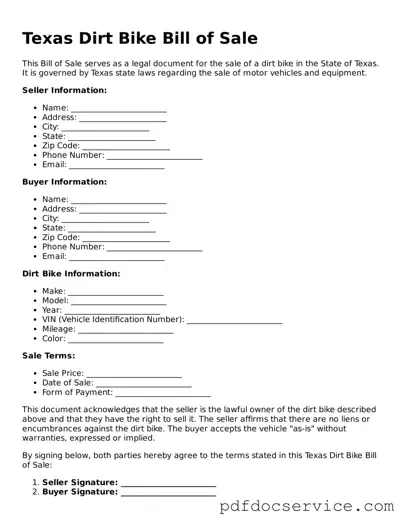 Printable  Dirt Bike Bill of Sale Template for Texas