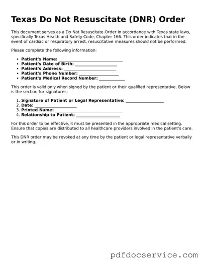 Printable  Do Not Resuscitate Order Template for Texas