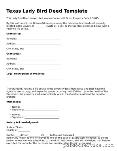 Printable  Lady Bird Deed Template for Texas
