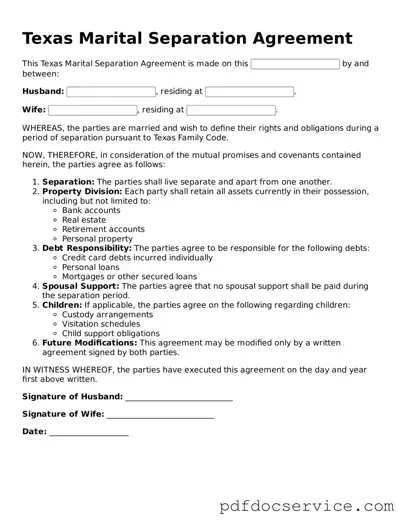 Printable  Marital Separation Agreement Template for Texas